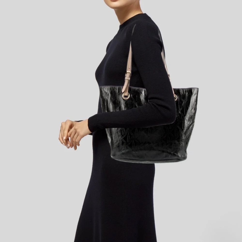 Michael Kors Black Tote Bag - solid logo patent leather tote bag